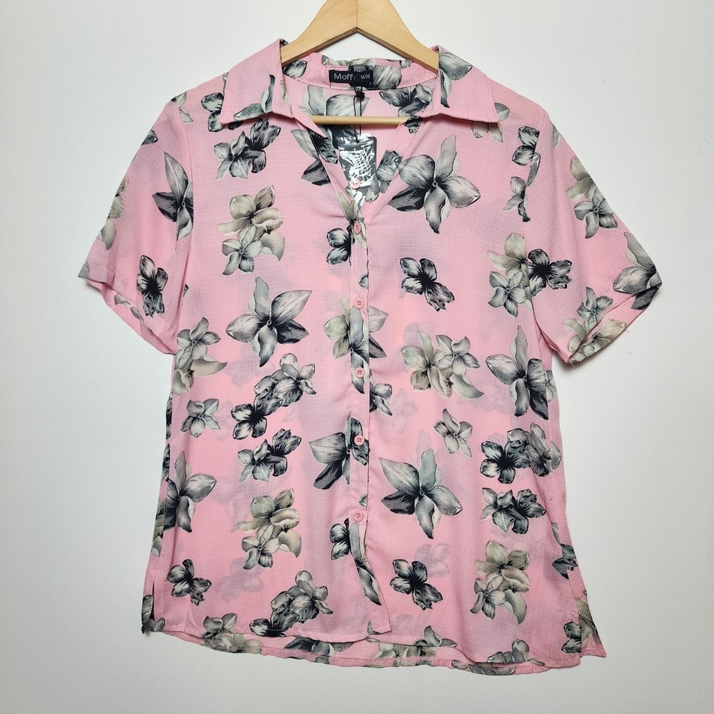 Moffi Floral Print Short Sleeve Button Up Shirt Rose Pink Size Medium NEW